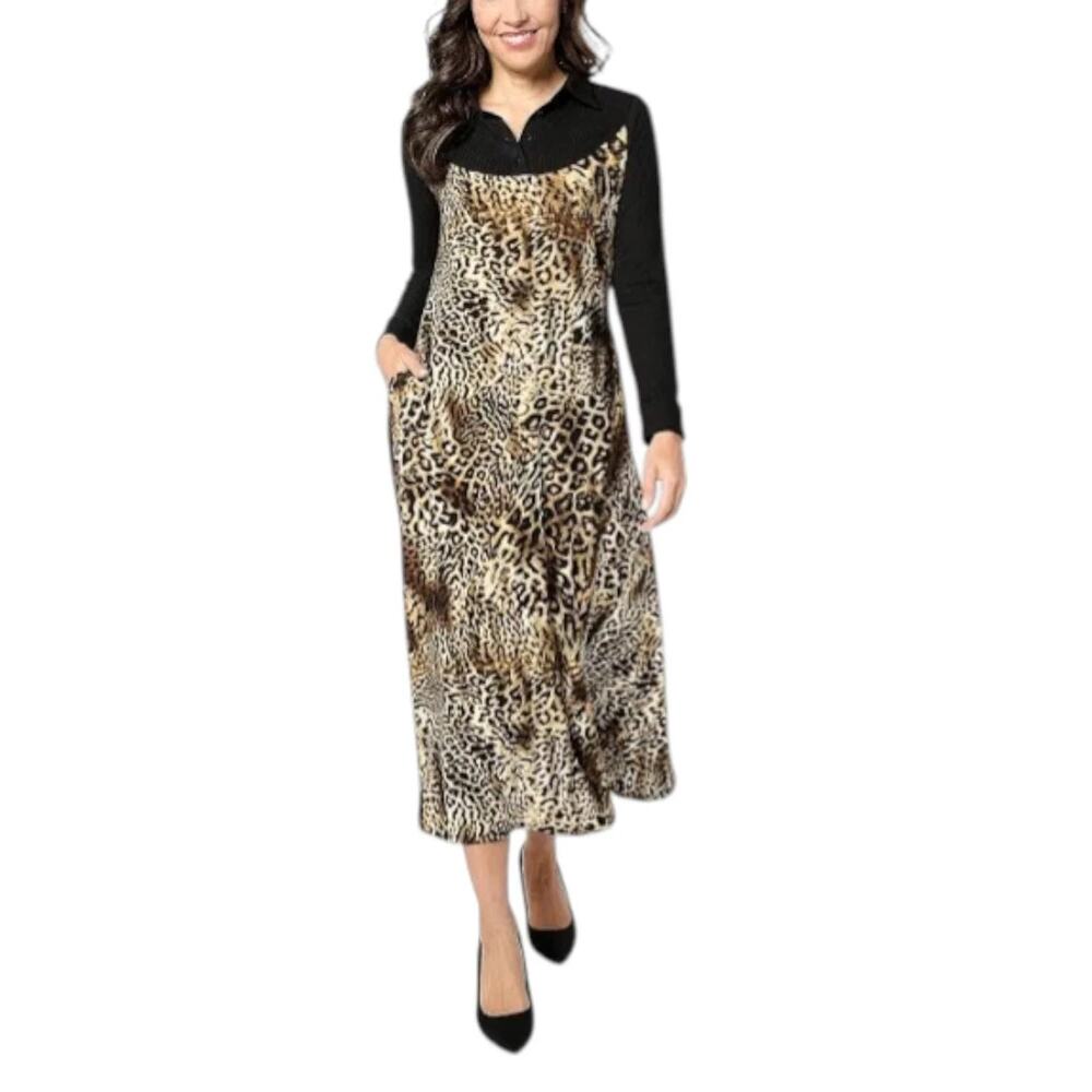 Attitudes by Renee Women's Bib Front Maxi Dress Brown Cheetah Size XS Classic
